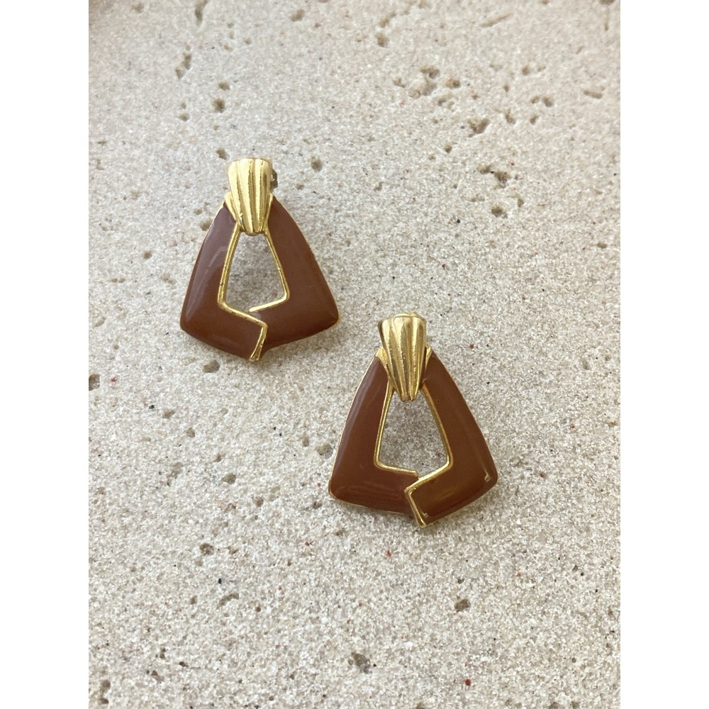 Vintage Brown Geometric Earrings Gold Tone 80's Or 90's Enamel Couture Glam